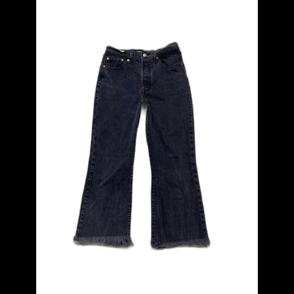 Levi's Premium Ribcage Bootcut Crop Button Fly Raw Hem Washed Black Jeans Sz 27